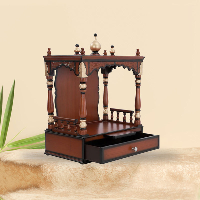 Agastya Solid Wood Home Temple In Brown Gold