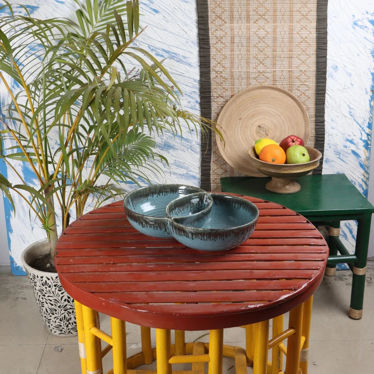 Black & Blue Ceramic Double Serving Bowl for Fruits and Snacks