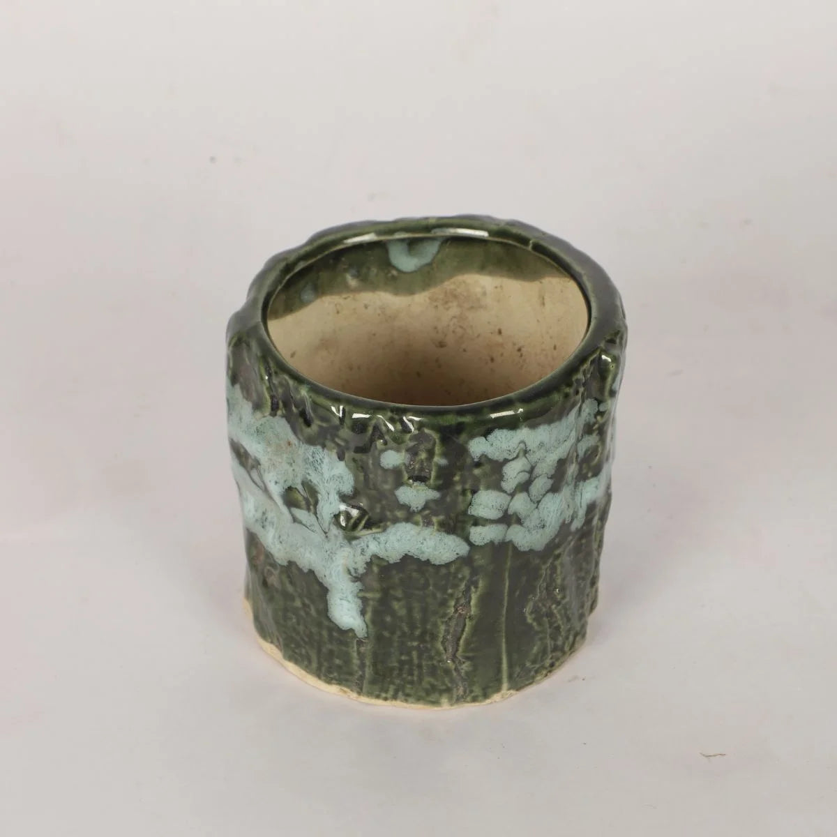 Tree Bark Ceramic Pot Green and Sky Blue Planter