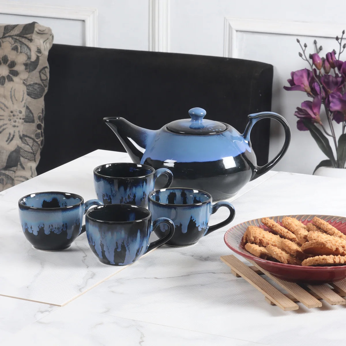 Jollis ceramic Blue Tea set for kitchen.