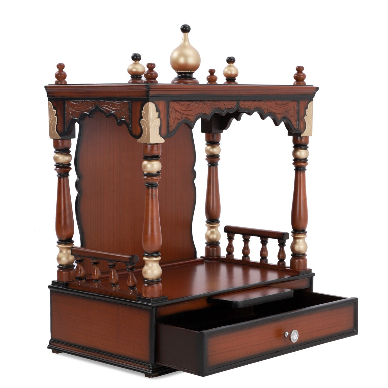 Agastya Solid Wood Home Temple In Brown Gold